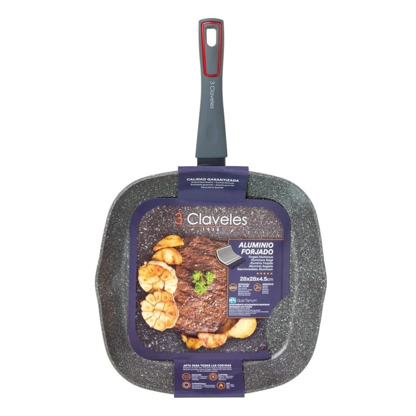 Sartén Grill Antiadherente 28x28x4.5 cm 3 Claveles Grey
