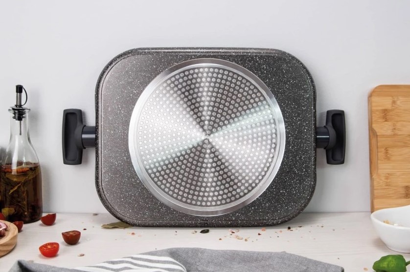 Grill Antiadherente 35,5x28,3x1,3 cm 3 Claveles Grey con asas de silicona