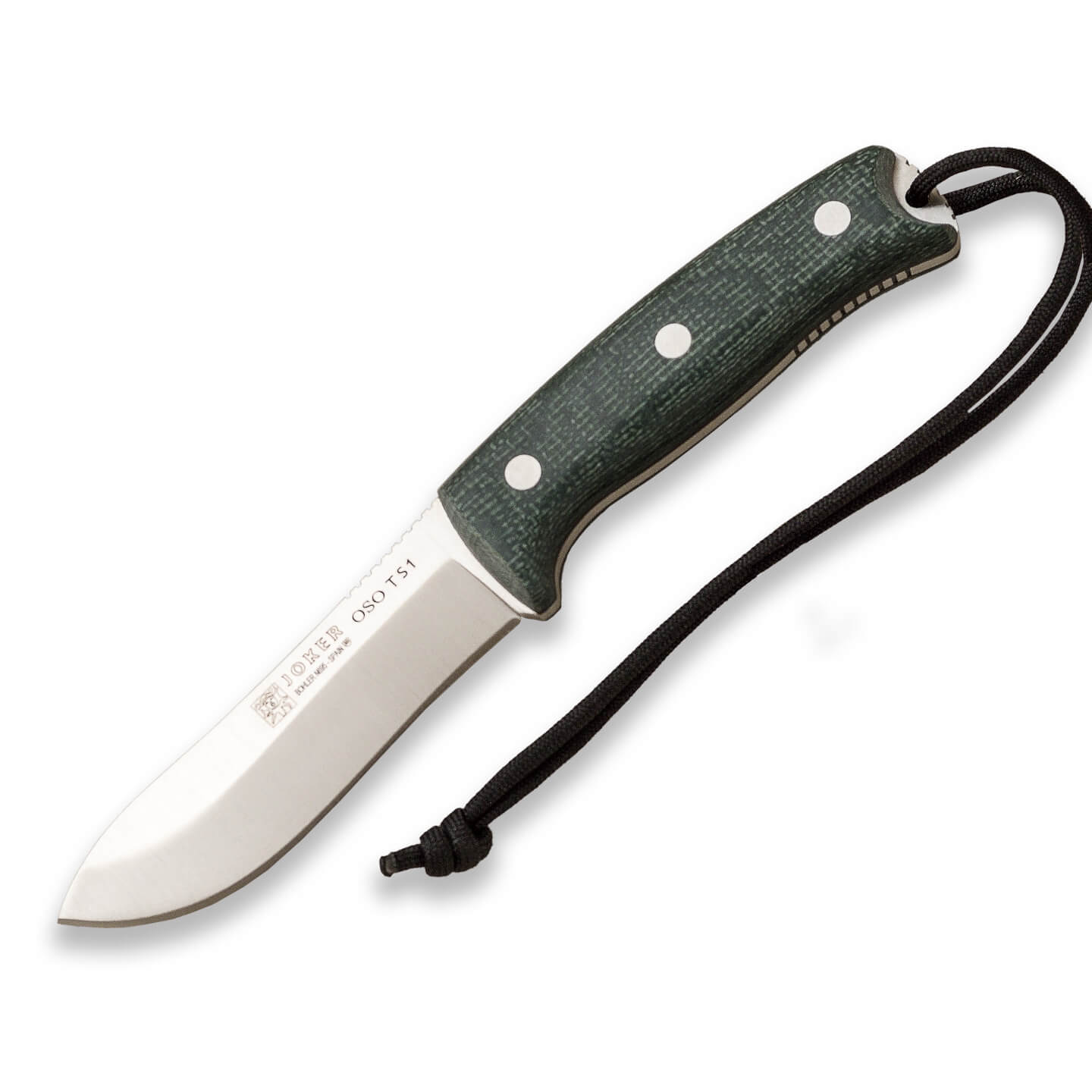 Cuchillo bushcraft Joker Oso TS1 yute micarta verde con pedernal