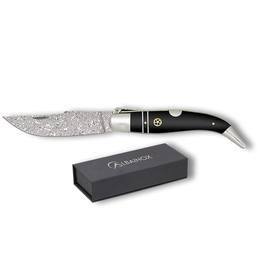 Canivete clássico nº 1 com lâmina de aço damasco de 9,5 cm e cabo de madeira preta decorado