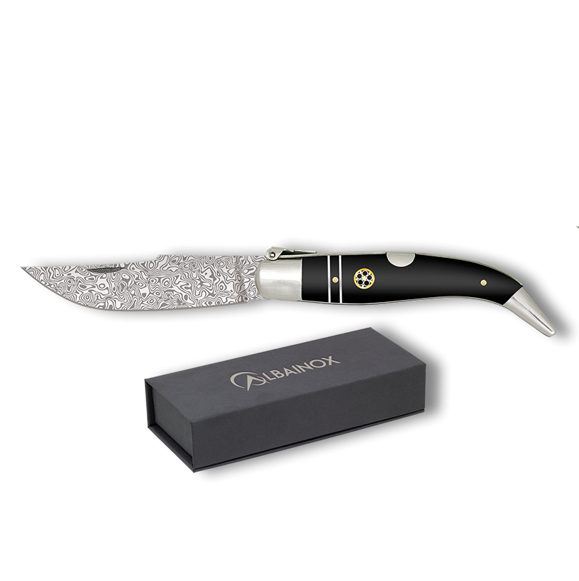 Canivete clássico nº 0 com lâmina de aço damasco de 8,2 cm e cabo de madeira preta decorado