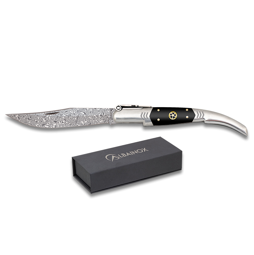 Couteau de poche Damas n°1 avec manche en stamina noir et lame en acier de 10 cm avec blocage à cliquet