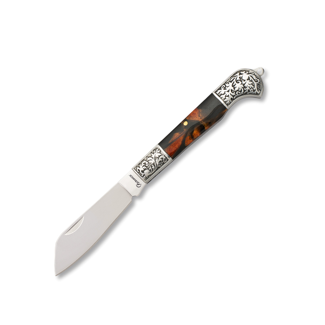 Navaja clásica con mango de acrílico naranja y hoja drop point de...