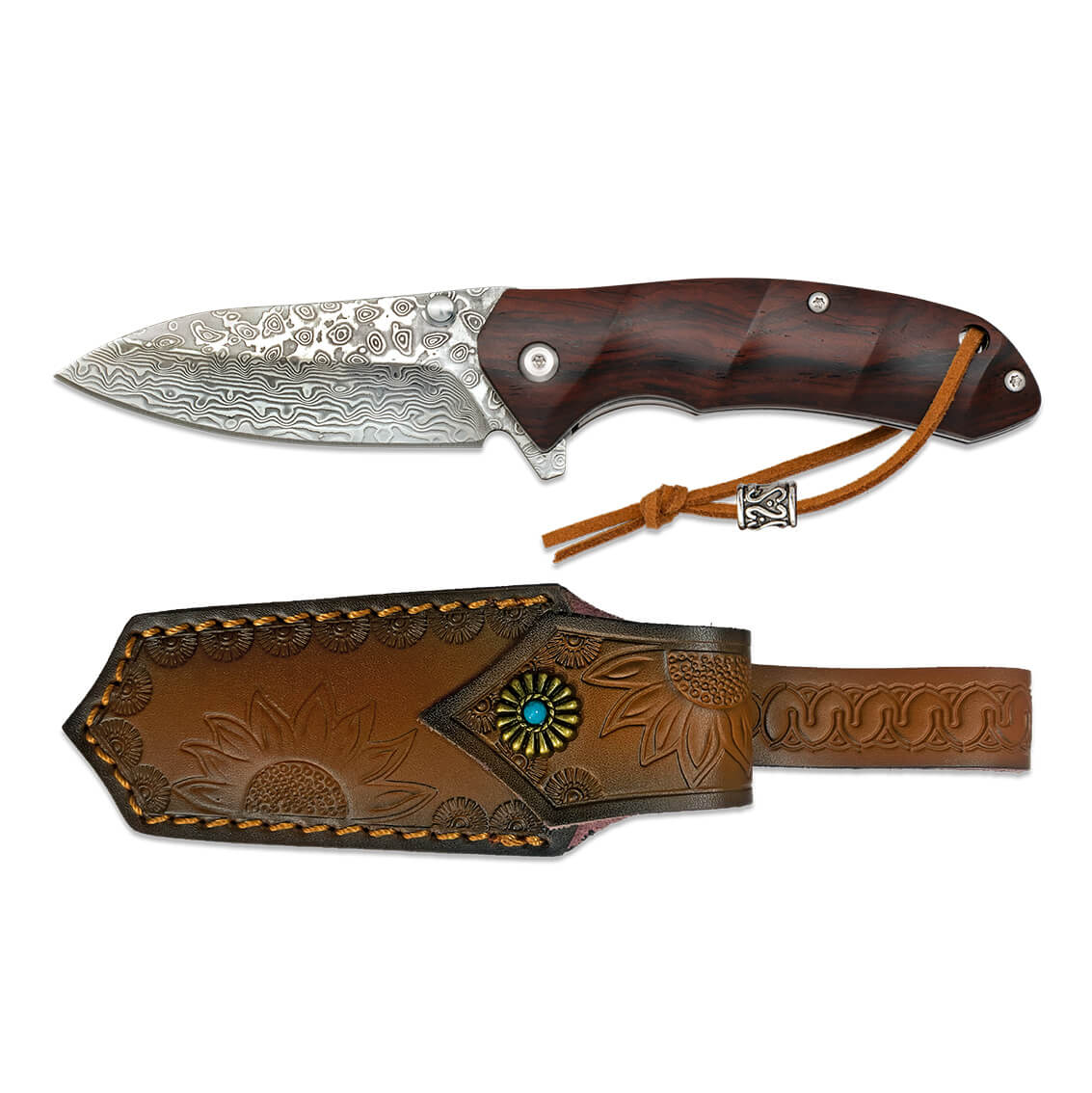 Couteau de poche avec manche en bois et lame en acier Damas de 7,4 cm avec roulement à billes