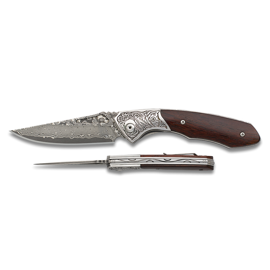 Navaja de bolsillo con mango de madera con virola decorada y hoja de 8.5 cm de acero damasco