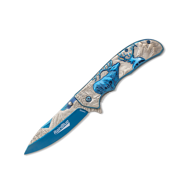 Coltello tascabile con rivestimento in titanio blu pioggia con di...