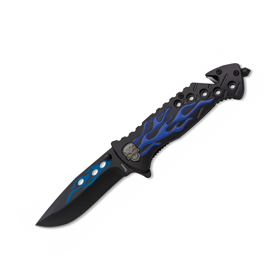 Coltello tascabile con manico in alluminio teschio e fuoco blu e ...