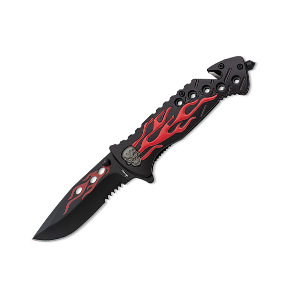 Coltello tascabile con manico in alluminio teschio rosso e fuoco ...