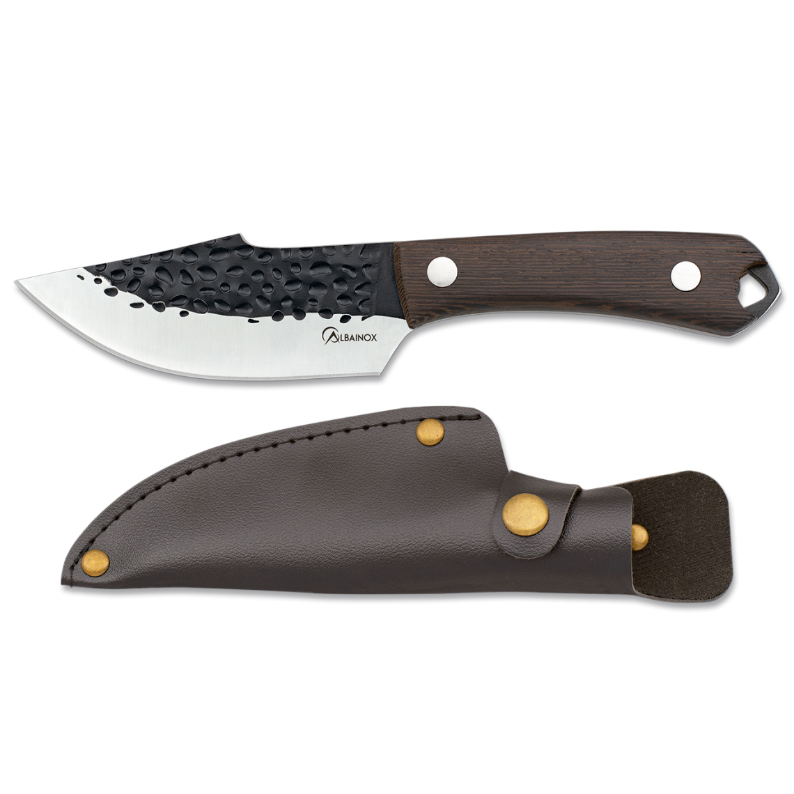Cuchillo de caza con hoja ancha de 10.5 cm y mango de madera wengué