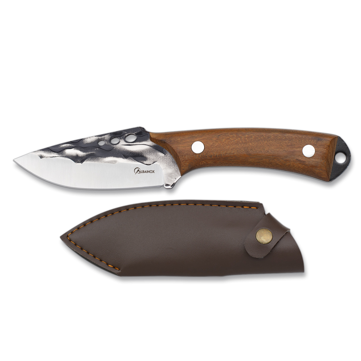 Faca de caça com lâmina de 11,5 cm de largura e cabo em madeira