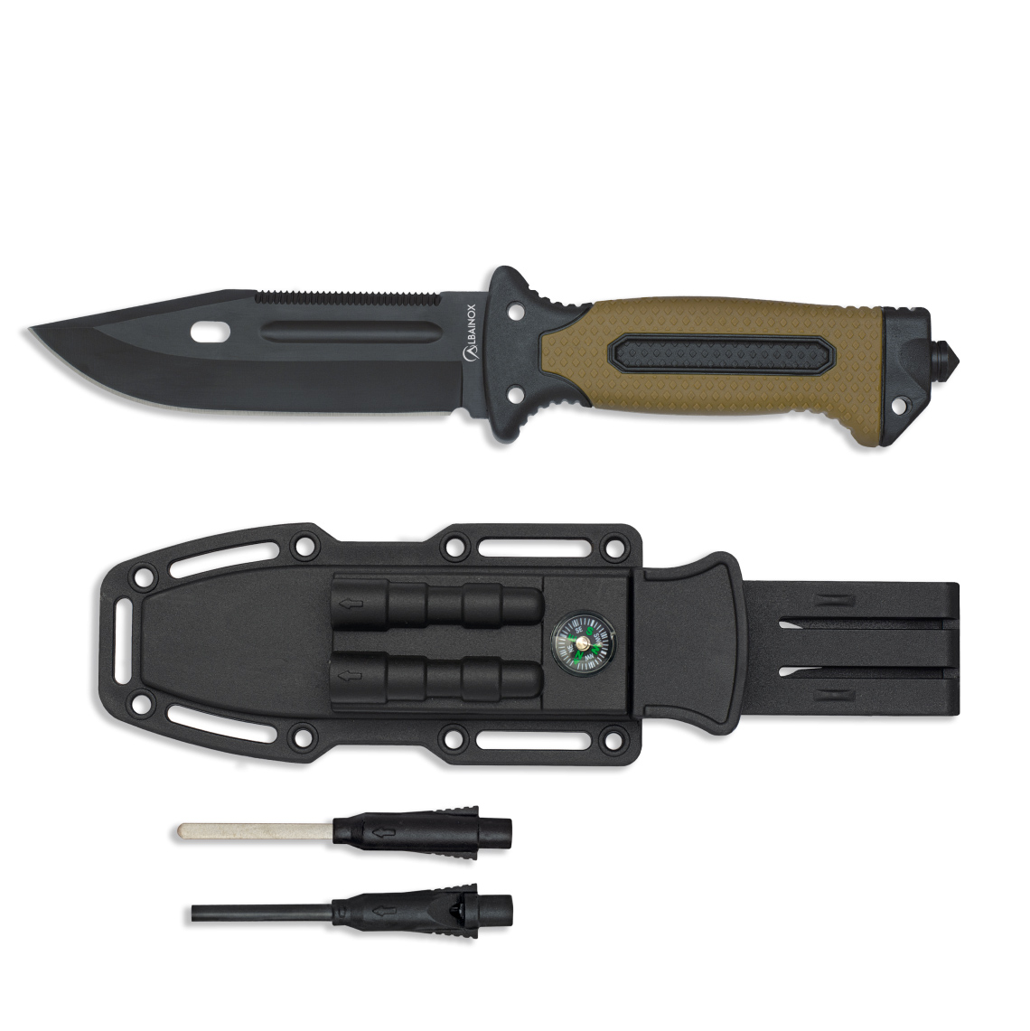 Cuchillo táctico con hoja negra de 13.5 cm y funda rígida con afilador y pedernal