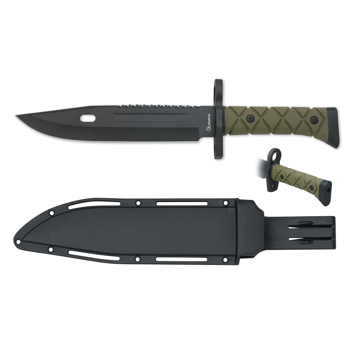Tactical bayonet knife with 21 cm black blade and green and black double injection handle