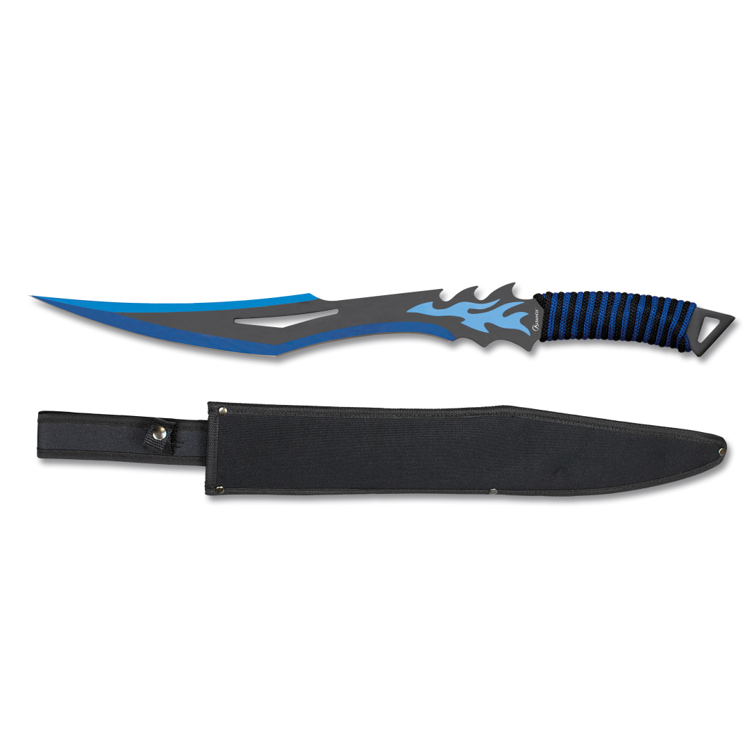Taktische Machete mit 37,5 cm langer schwarz-blauer Klinge und bespanntem Griff
