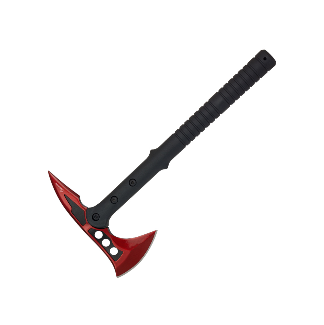 Hacha táctica con hoja negra y roja y funda de nylon