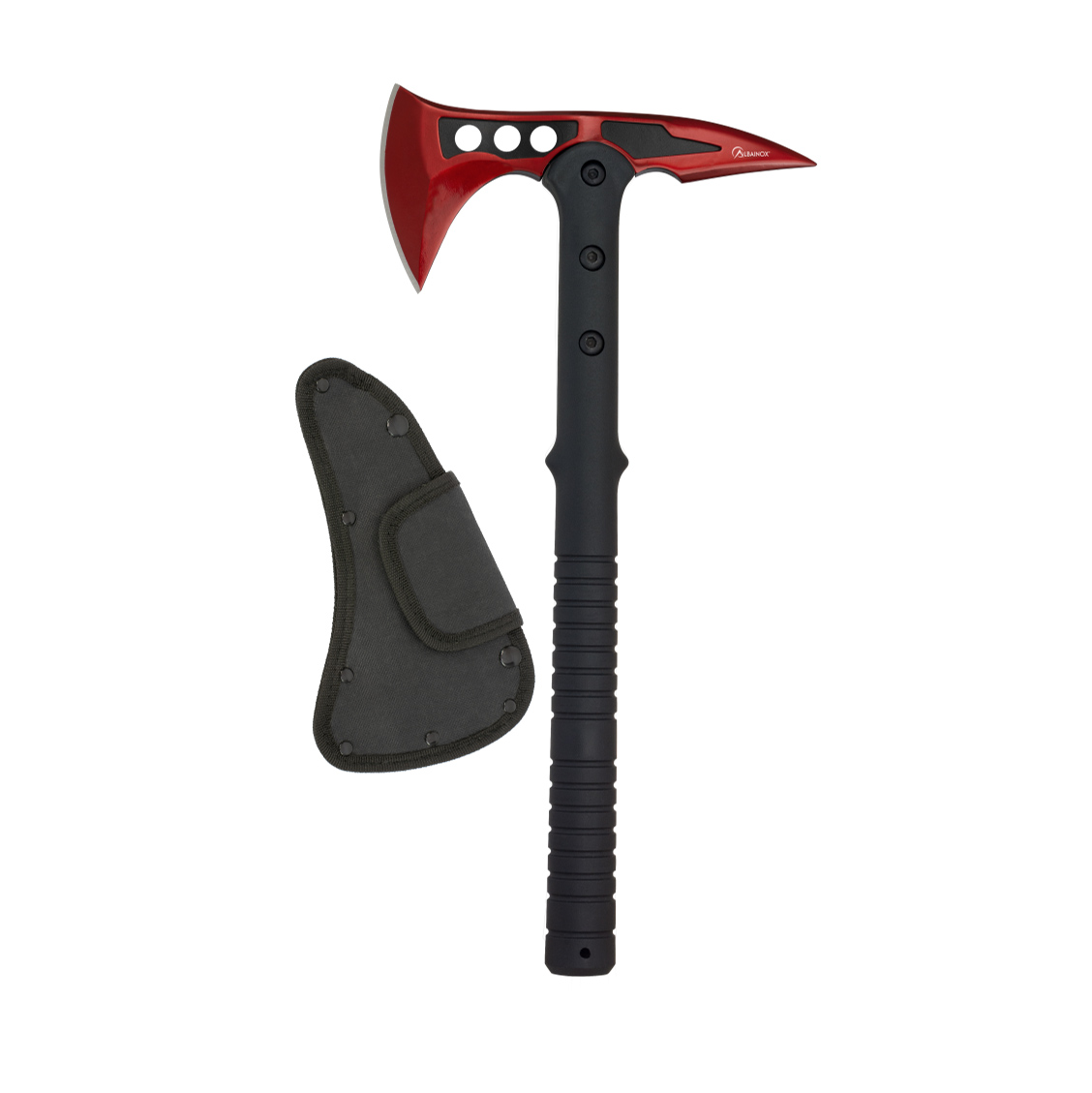 Tactical axe with black and red blade and nylon sheath
