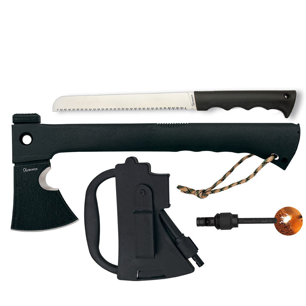 Hache tactique à lame noire avec écorcheur et scie