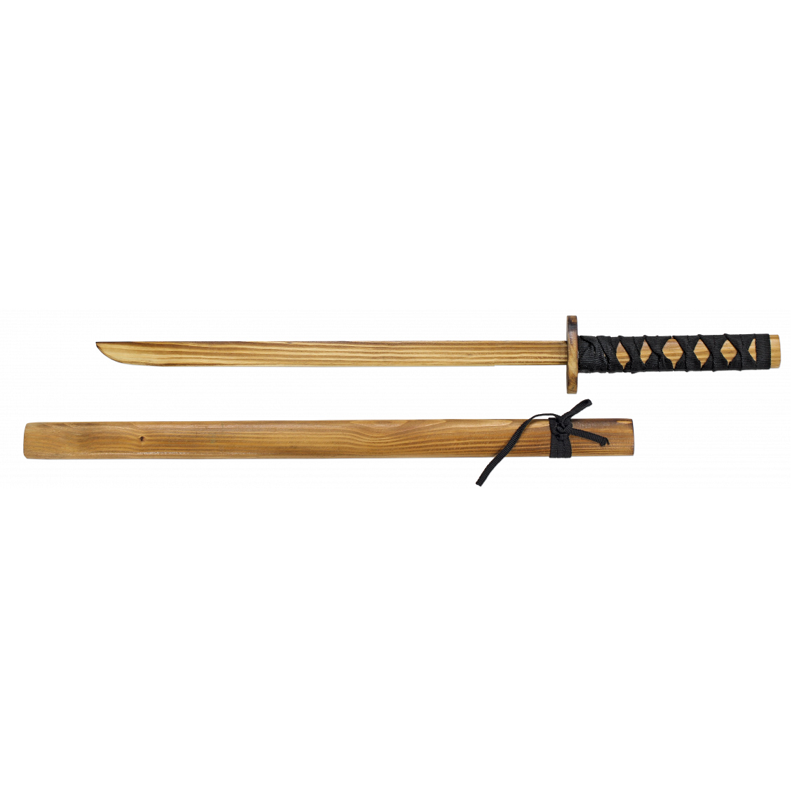 Katana en bois avec manche à cordes noires et d'une longueur de 72 cm