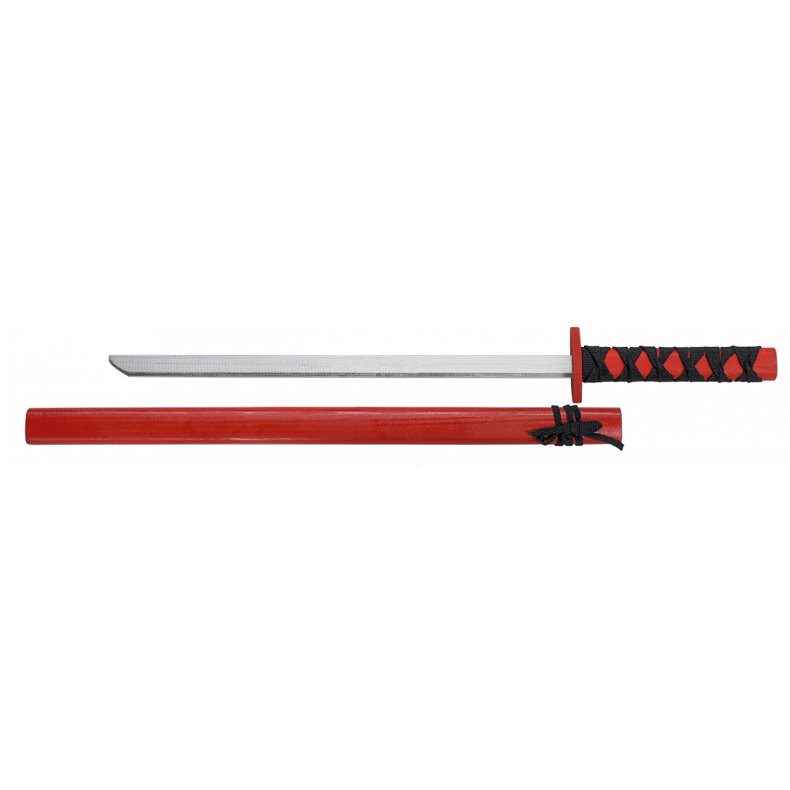 Katana en bois avec manche rouge et cordage noir et d'une longueur de 72 cm