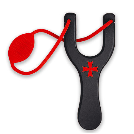 Black lacquered wooden slingshot with Templar cross and red rubbe...