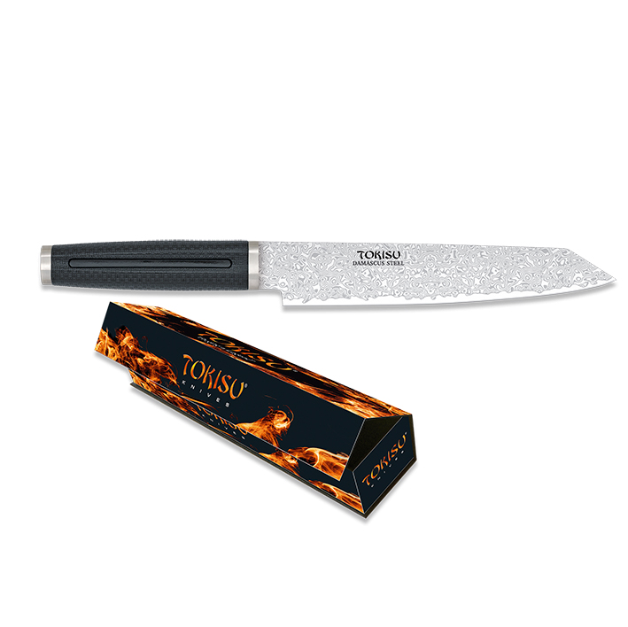 Kiritsuke kitchen knife with 20 cm Damascus steel blade and black rubber handle