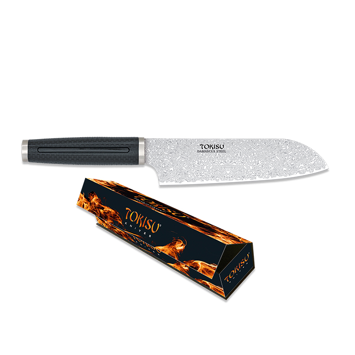 Santoku kitchen knife with 18 cm Damascus steel blade and black rubber handle
