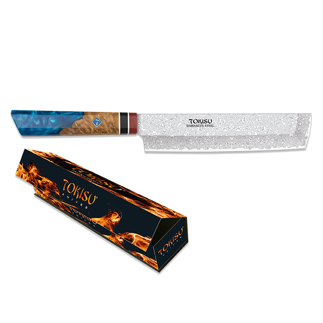 Cuchillo de cocina Nakiri con hoja de acero damasco de 18 cm y mango de staypak azul y marrón