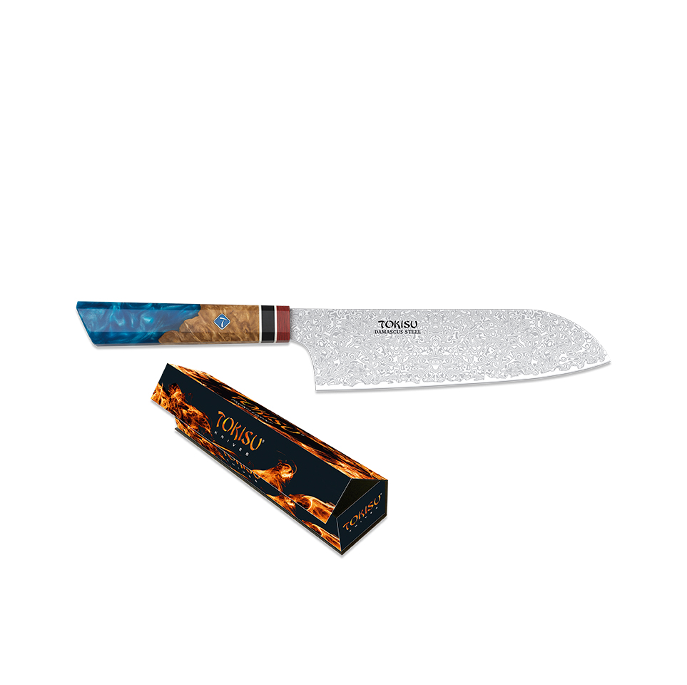Faca de cozinha Santoku com lâmina de aço Damasco de 19,5 cm e cabo Staypak azul e castanho