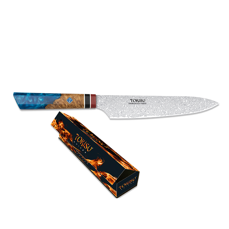 Petit couteau de cuisine gyuto avec lame en acier Damas de 19,5 cm et manche staypak bleu et marron
