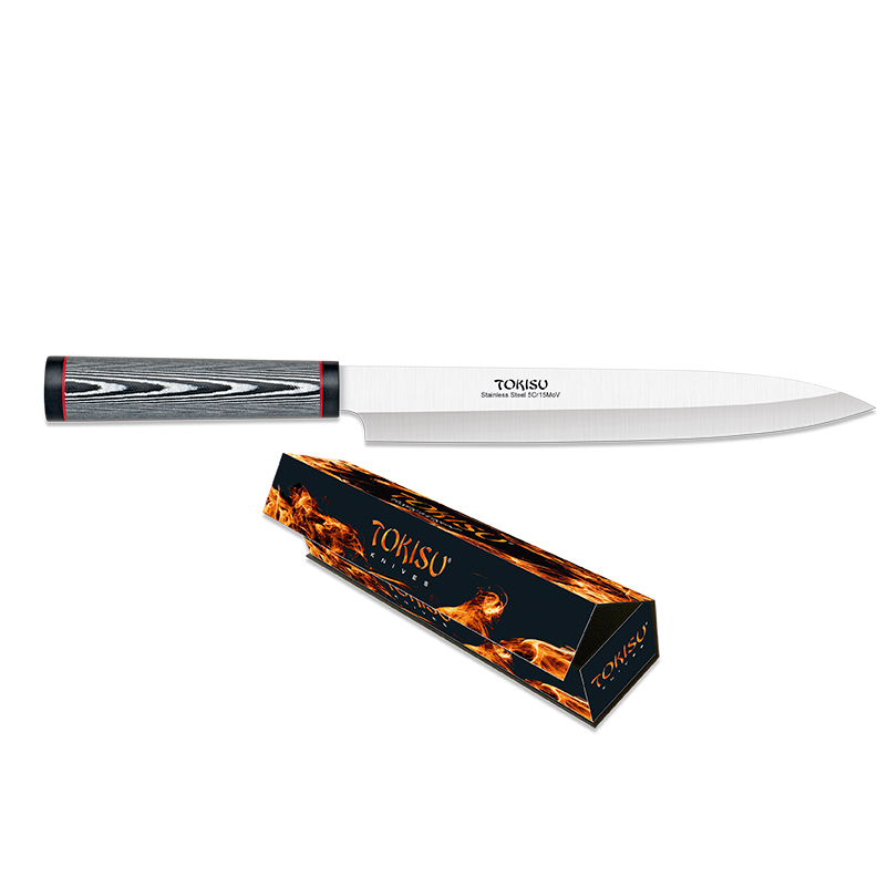Faca de cozinha Yanagiba com lâmina de 23 cm e cabo G10 padrão damasco