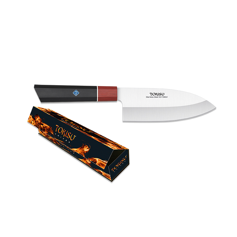 Cuchillo de cocina Deba con hoja de 16 cm y mango de G10 negro y rojo