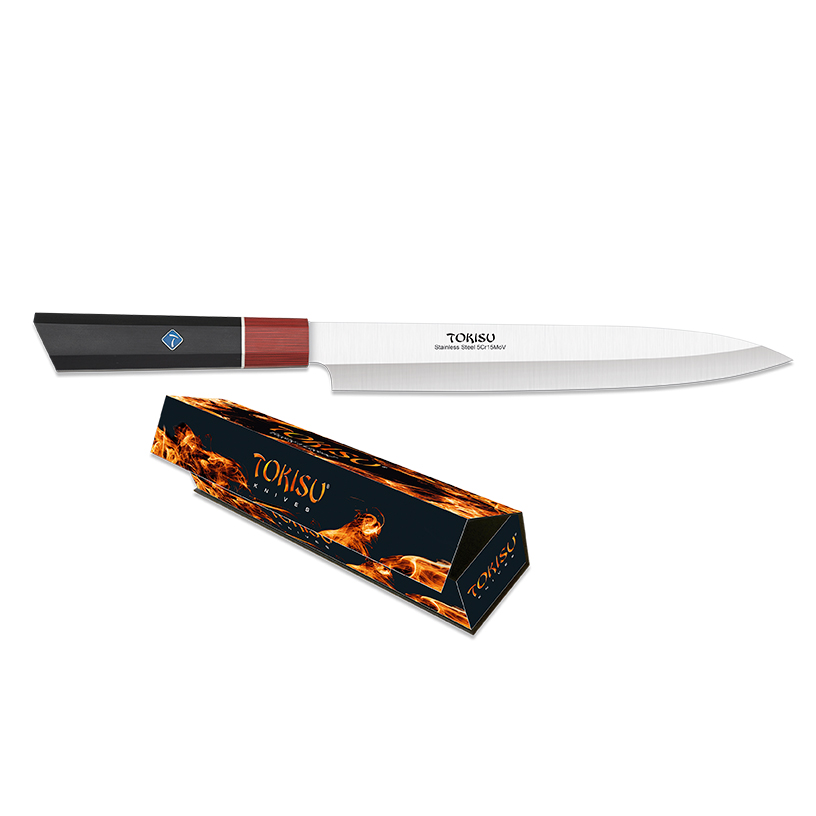 Cuchillo de cocina Yanagiba con hoja de 23 cm y mango de G10 negro y rojo