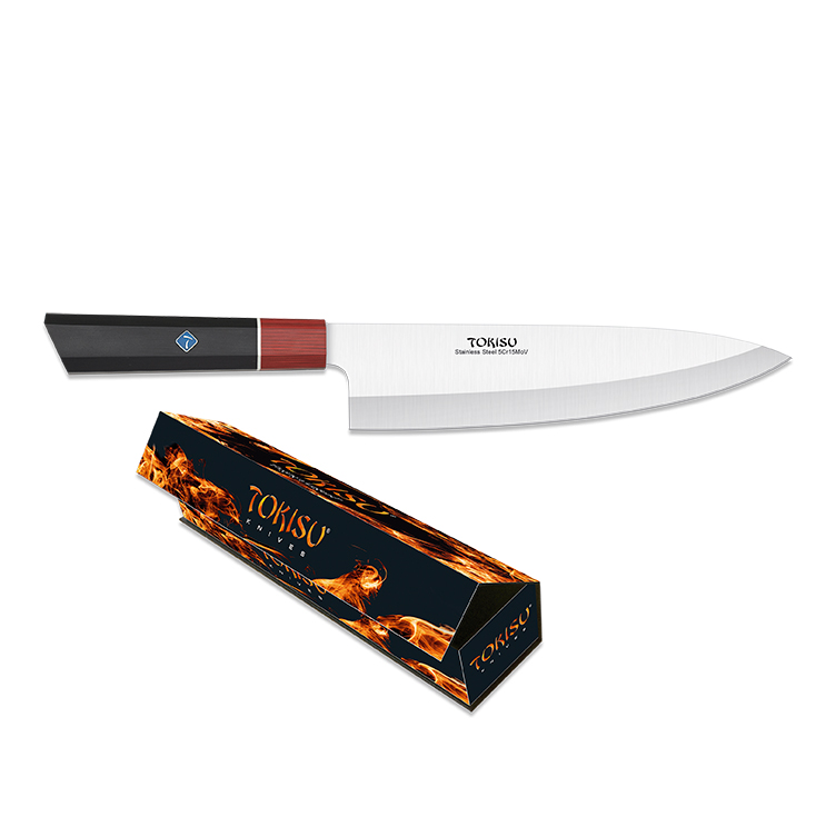 Gyuto kitchen knife with 21.5 cm blade and black and red G10 handle