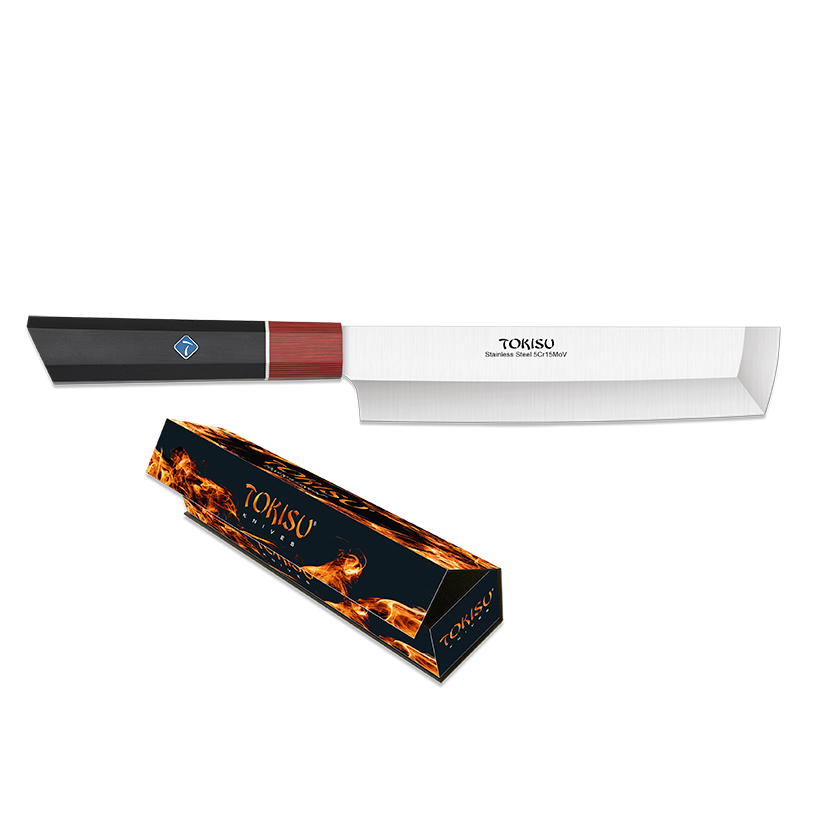 Faca de cozinha Nakiri com lâmina de 18 cm e cabo G10 preto e vermelho