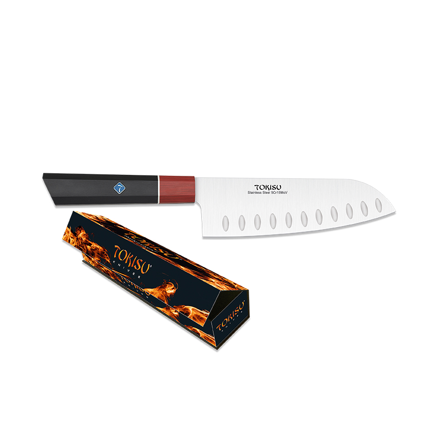 Faca de cozinha Santoku com lâmina de 17 cm e cabo G10 preto e vermelho