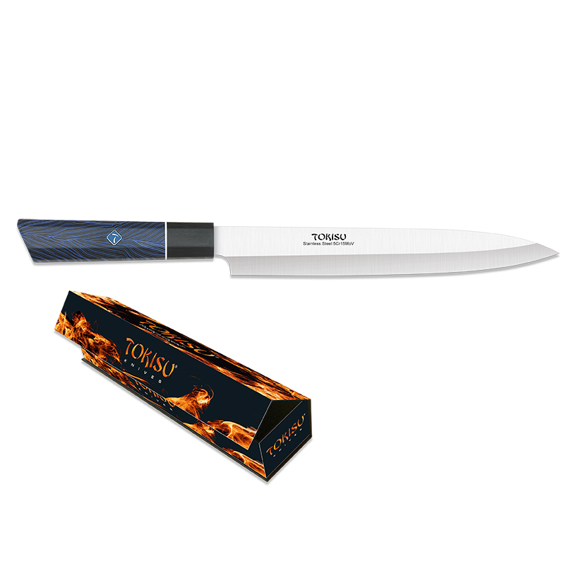 Couteau de cuisine Yanagiba avec lame de 23 cm et manche G10 bleu et noir