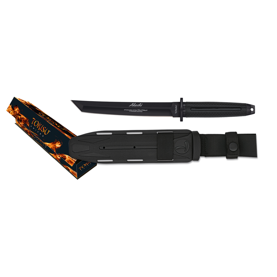 Tokisu Akechi taktisches Messer mit schwarzem Gummigriff und schwarzer Tanto-Klinge