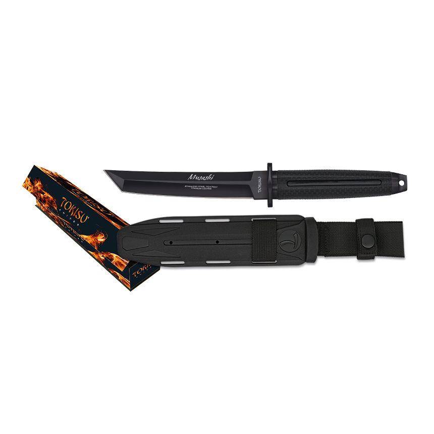 Tokisu Musashi taktisches Messer mit schwarzem Gummigriff und schwarzer Tanto-Klinge