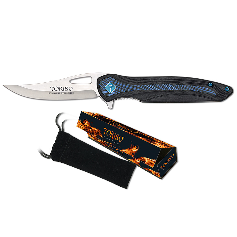 Tokisu tactical knife with 8.4 cm D2 blade and G10 Damascus handle