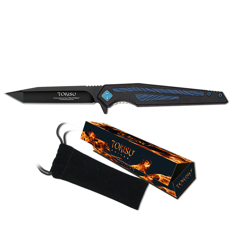 Coltello tattico Tokisu con lama nera da 8,6 cm e manico in damasco G10