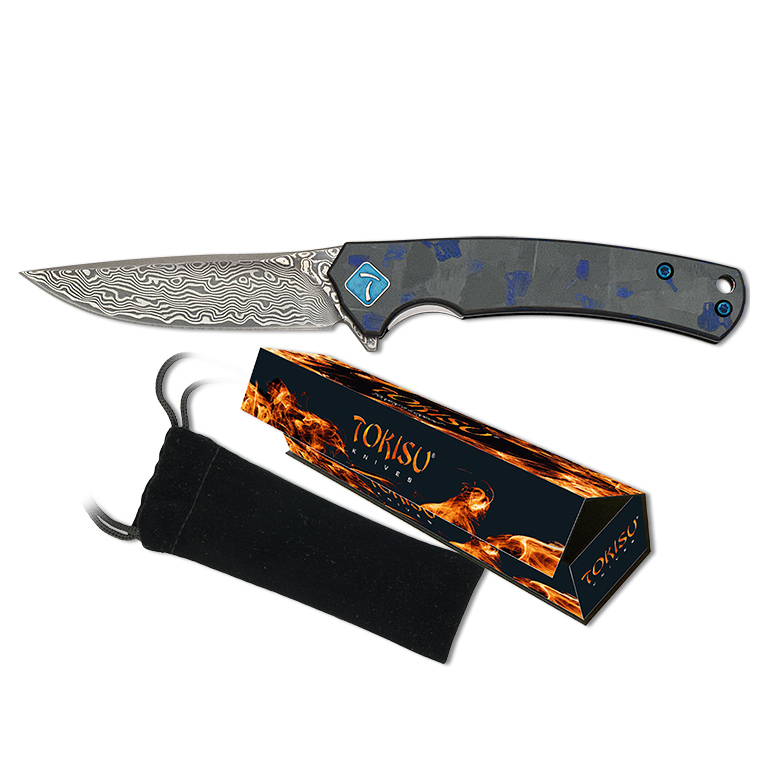 Tokisu tactical knife with 6.8 cm Damascus blade and carbon fiber and G10 handle