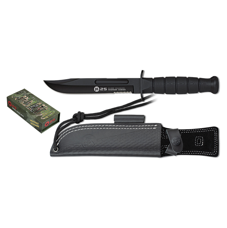 Taktisches K25-Messer mit schwarzer, halbgezahnter Klinge und schwarzem G10-Griff