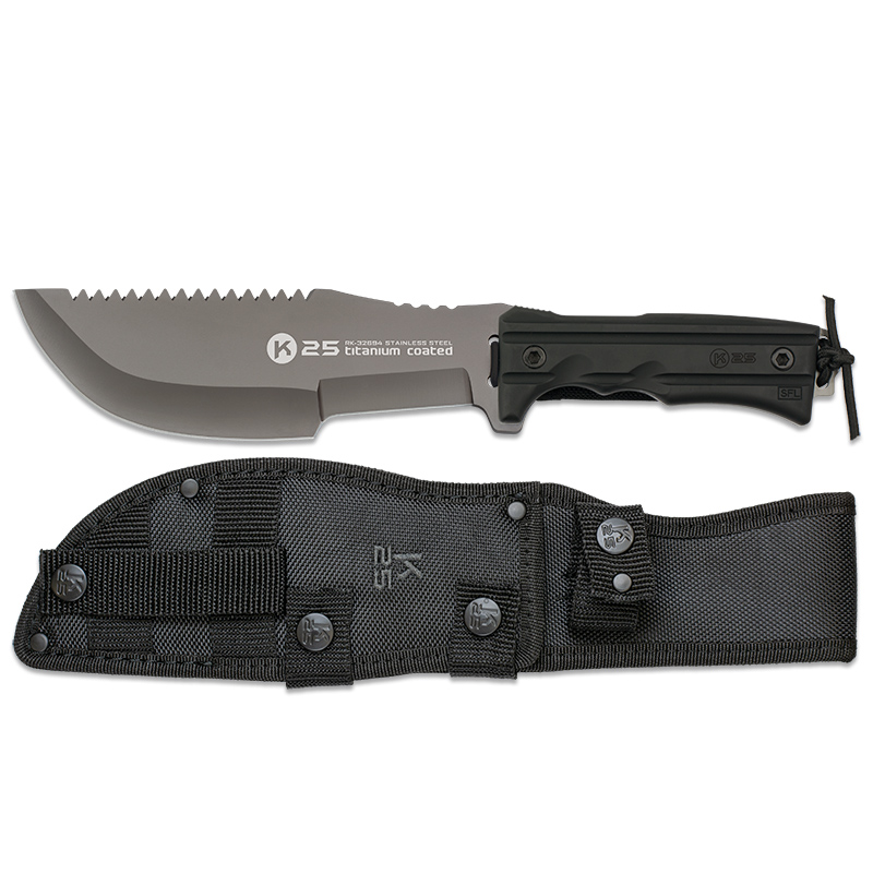 Cuchillo tracker K25 con hoja negra de 19.4 cm y mango de SFL negro