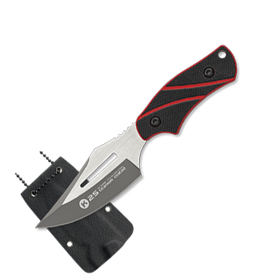 Cuchillo táctico K25 con hoja de 7 cm y mango de G10 negro y rojo
