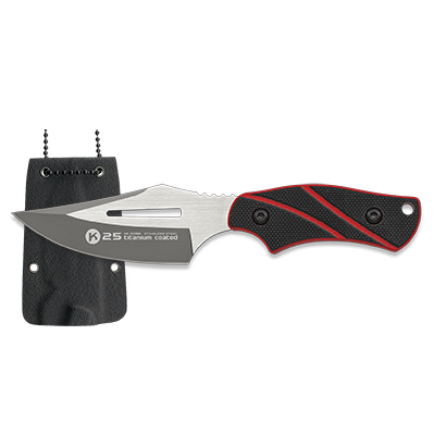 Cuchillo táctico K25 con hoja de 7 cm y mango de G10 negro y rojo