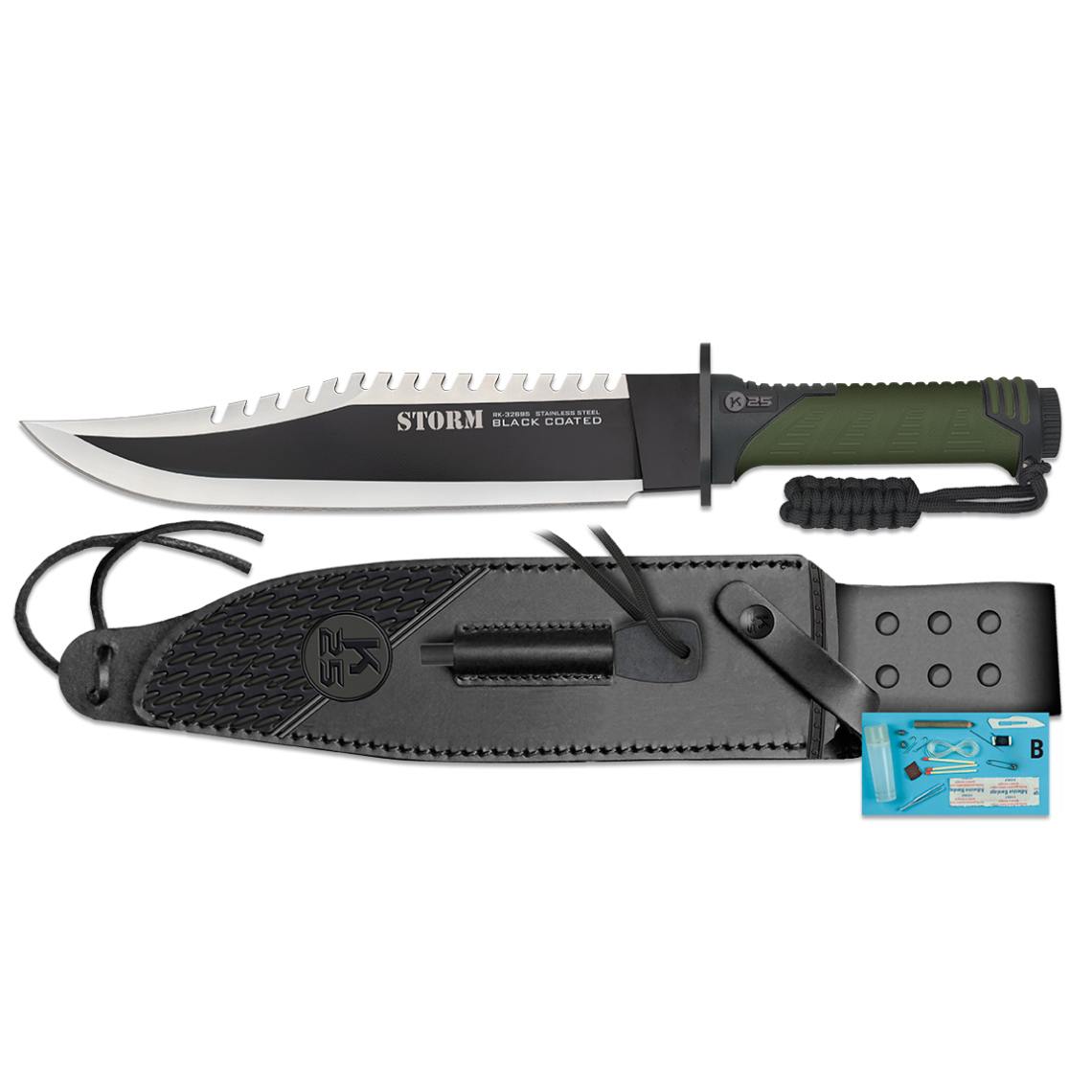 Cuchillo táctico Storm K25 con hoja de 25.5 cm y mango de SFL negro y goma verde