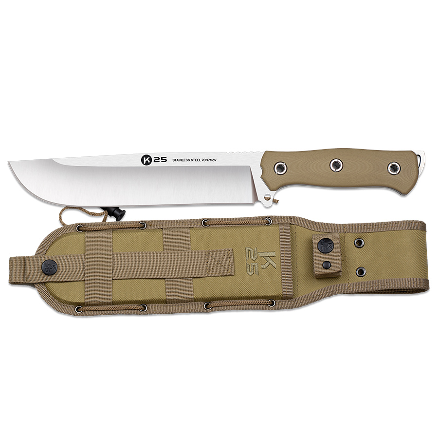 Faca tática K25 com lâmina tipo machete de 22 cm e cabo coiote G10