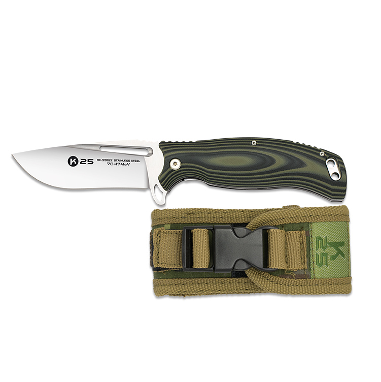 Navaja táctica K25 con hoja de 10 cm y mango de G10 verde y negro