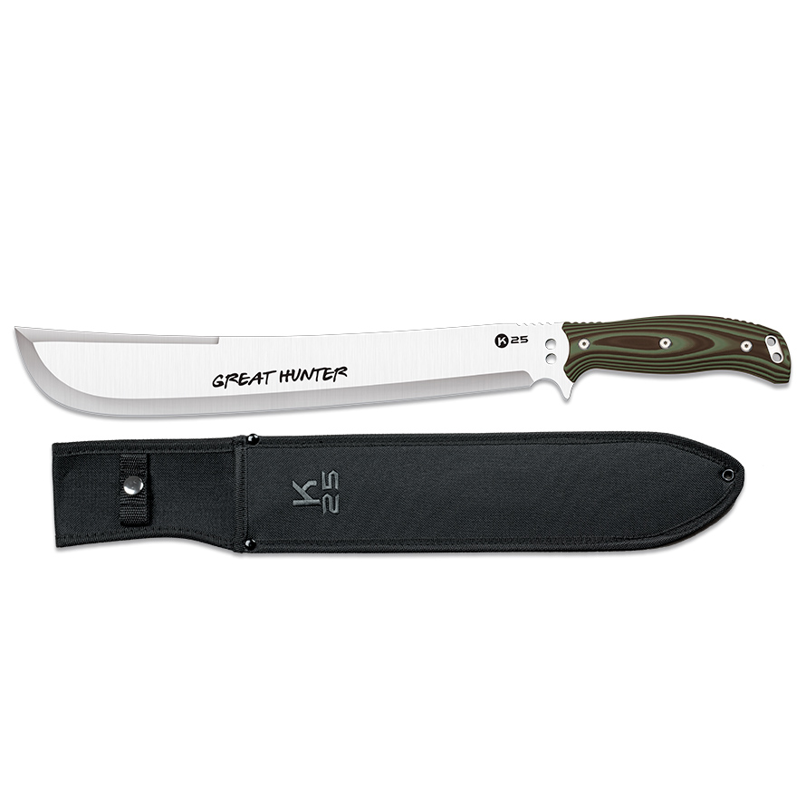 Machete táctico K25 Great hunter con hoja de 37 cm y mango de G10 verde y negro