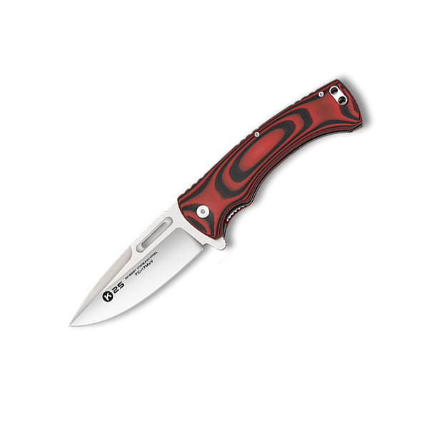 Navaja táctica K25 con hoja de 9.8 cm y mango de G10 rojo y negro
