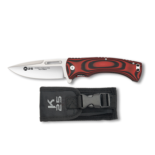 K25 tactical knife with 9.8 cm blade and red and black G10 handle
